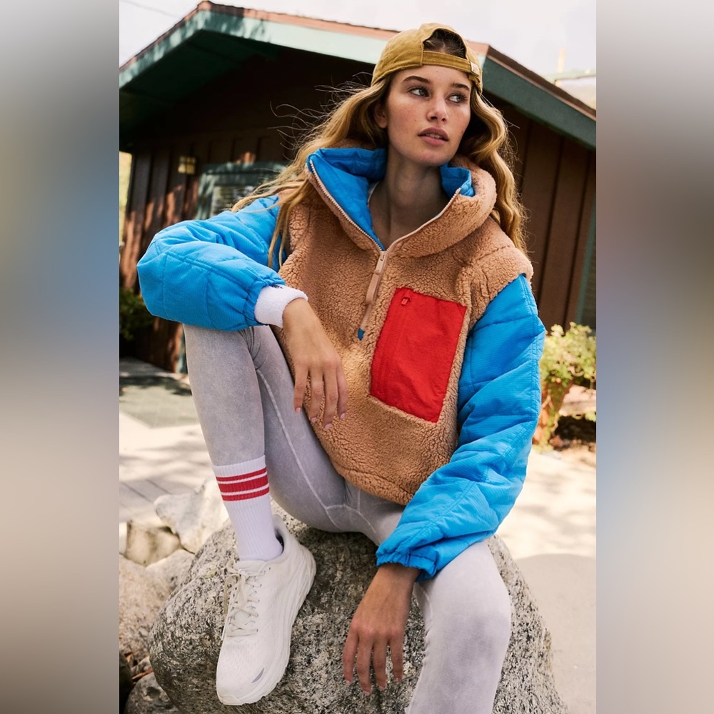 Free People Tan Sherpa Vest with Blue Sleeves & Red Pocket - Picture 2 of 8